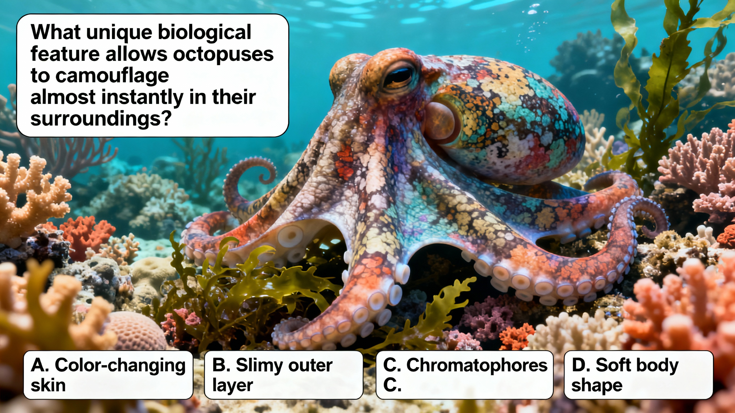 What unique biological feature allows octopuses to camouflage almost instantly in their surroundings? - Preview Image