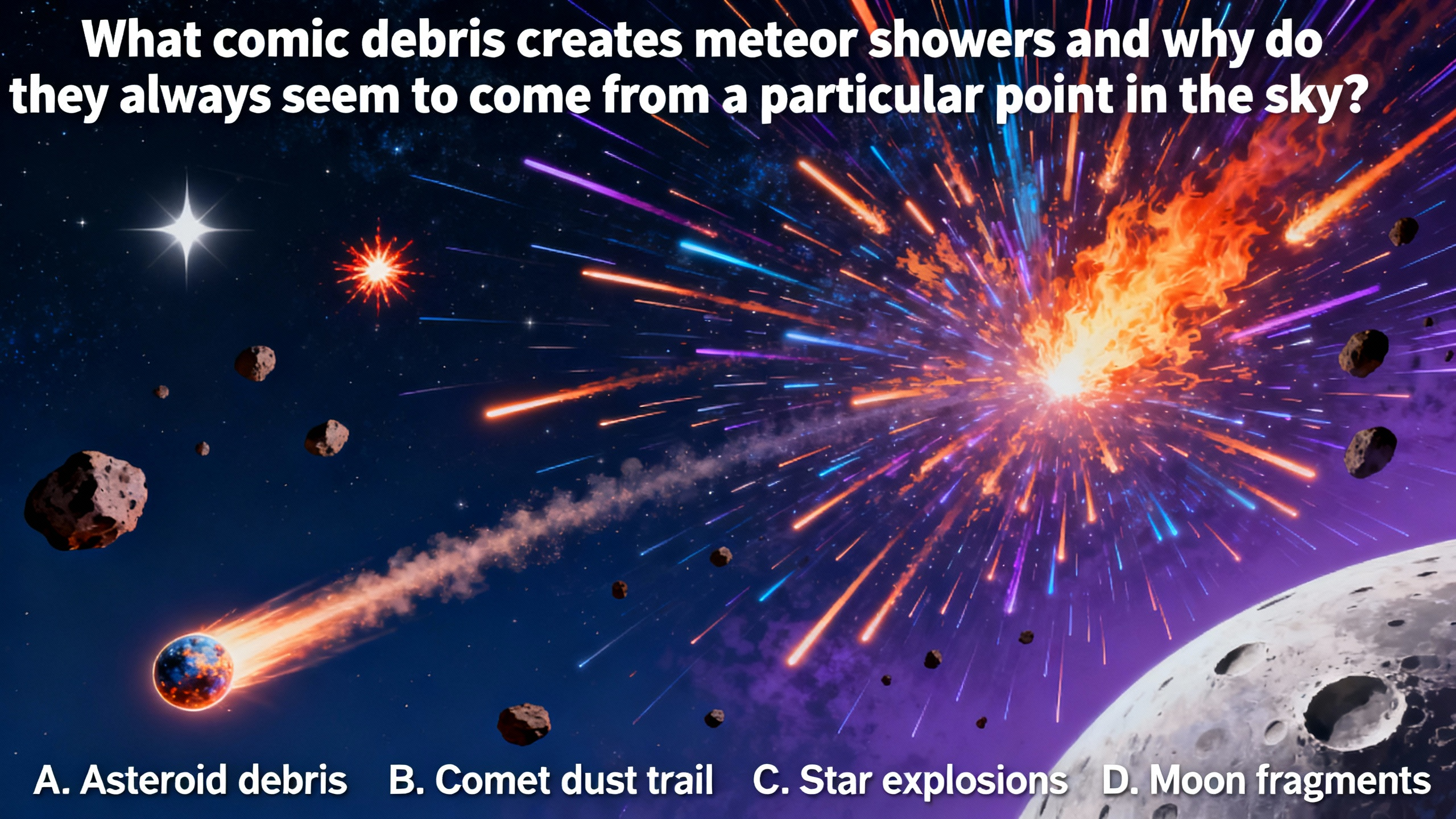 What cosmic debris creates meteor showers and why do they always seem to come from a particular point in the sky? - Preview image