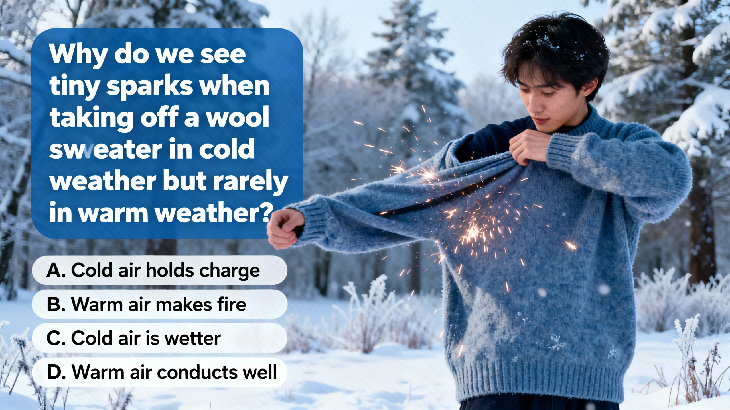 Why do we see tiny sparks when taking off a wool sweater in cold weather but rarely in warm weather? - Preview image