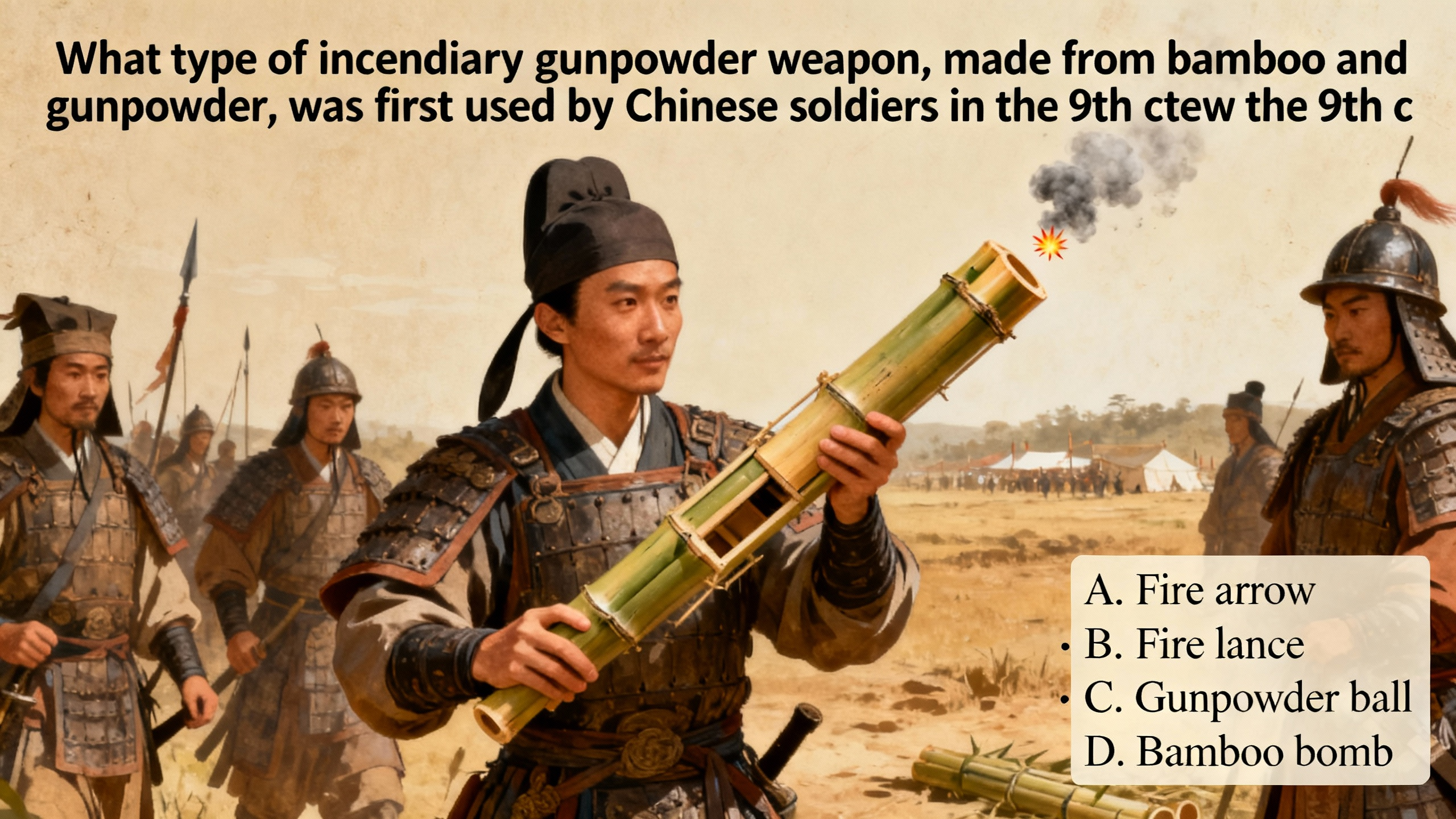 What type of incendiary gunpowder weapon, made from bamboo and gunpowder, was first used by Chinese soldiers in the 9th century? - Preview image