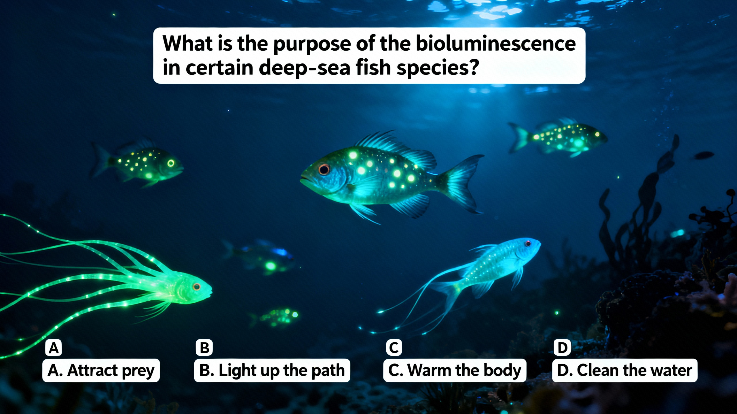 What is the purpose of the bioluminescence in certain deep-sea fish species? - Preview image
