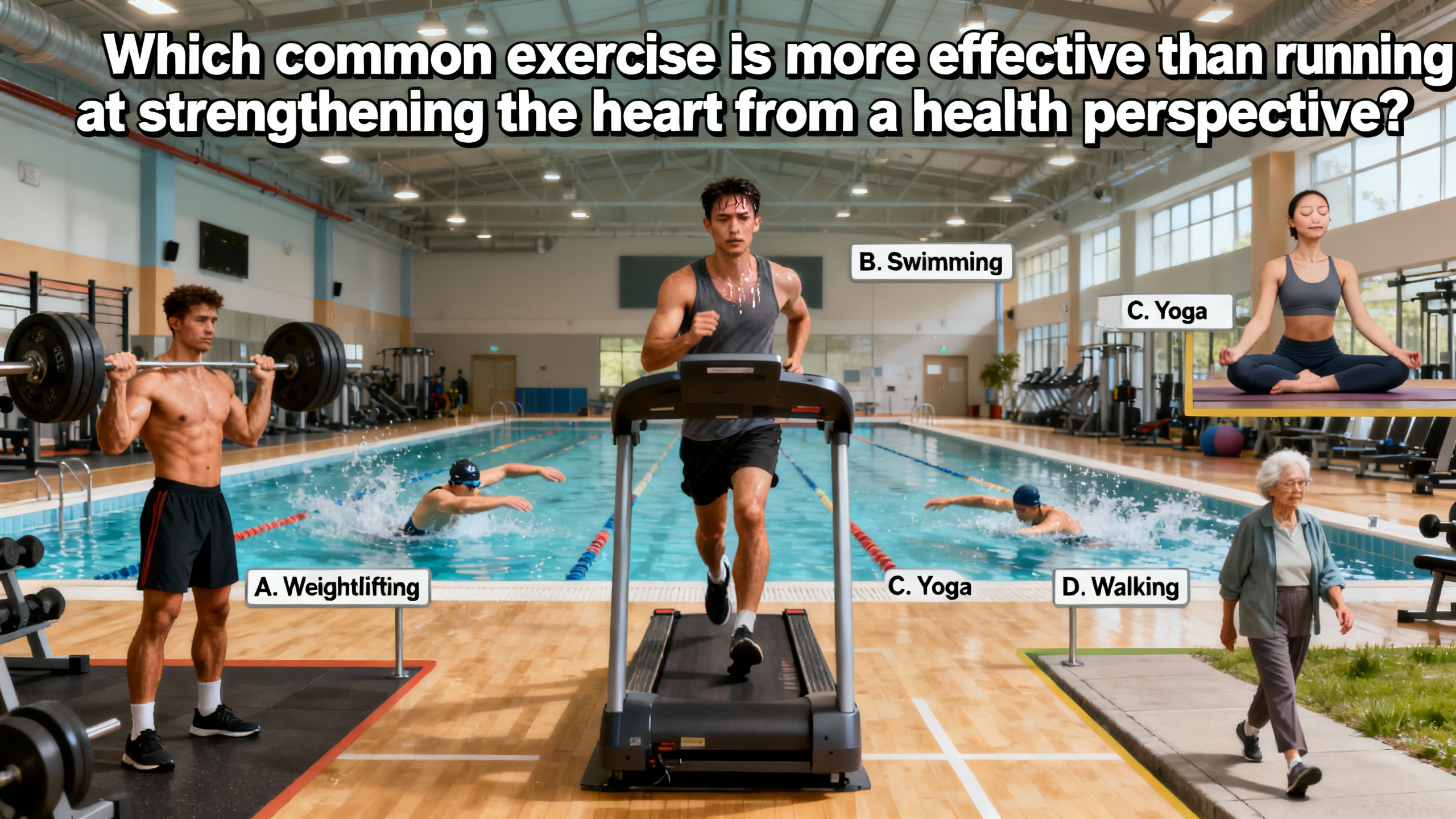 Which common exercise is more effective than running at strengthening the heart from a health perspective? - Preview image