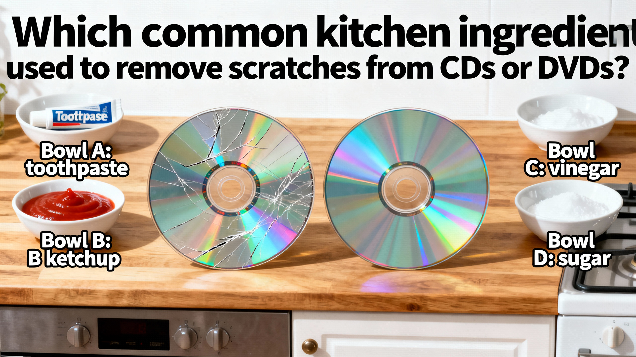 Which common kitchen ingredient can be used to remove scratches from CDs or DVDs? - Preview image