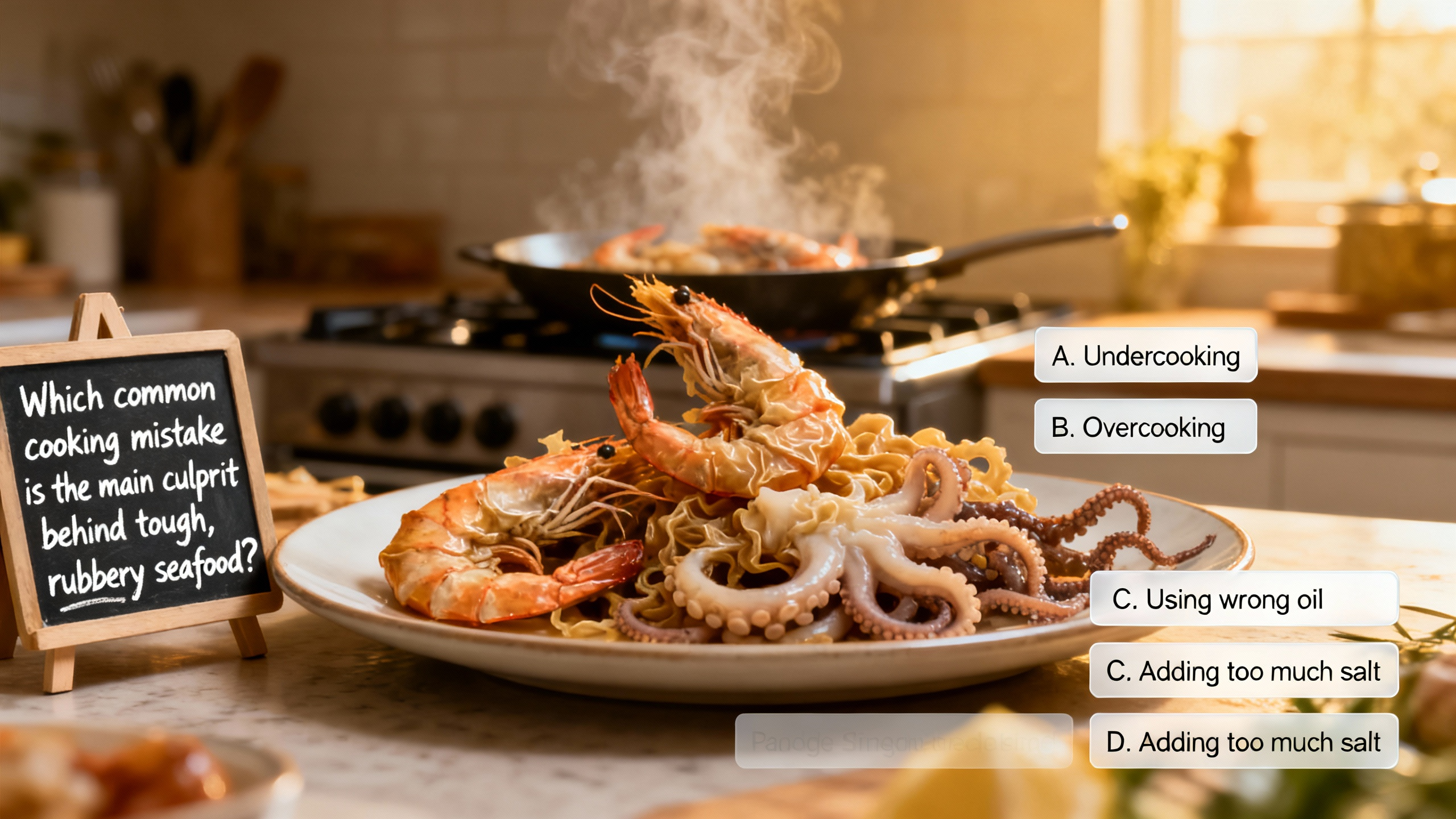 Which common cooking mistake is the main culprit behind tough, rubbery seafood? - Preview image