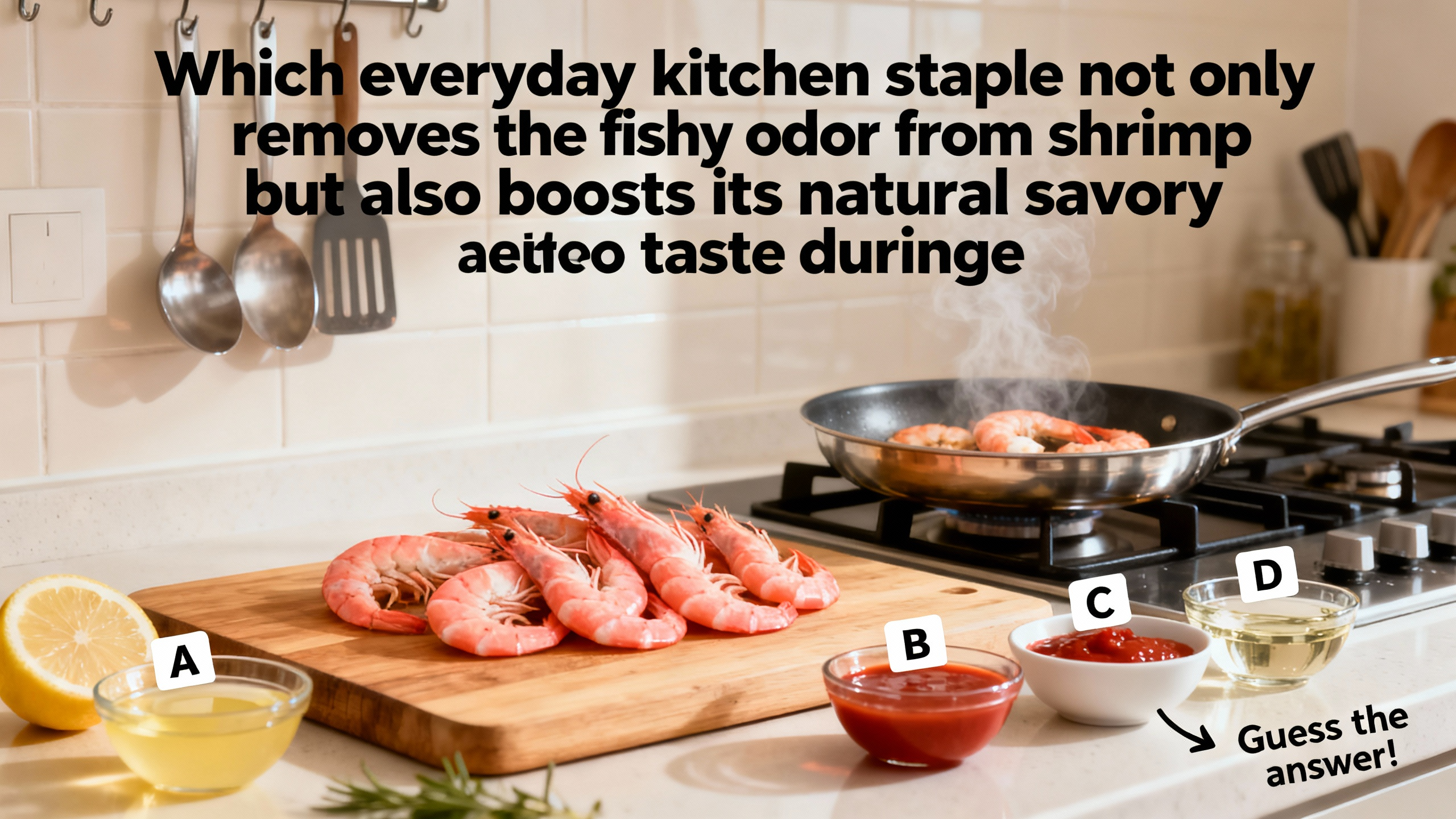 Which everyday kitchen staple not only removes the fishy odor from shrimp but also boosts its natural savory taste during cooking? - Preview image