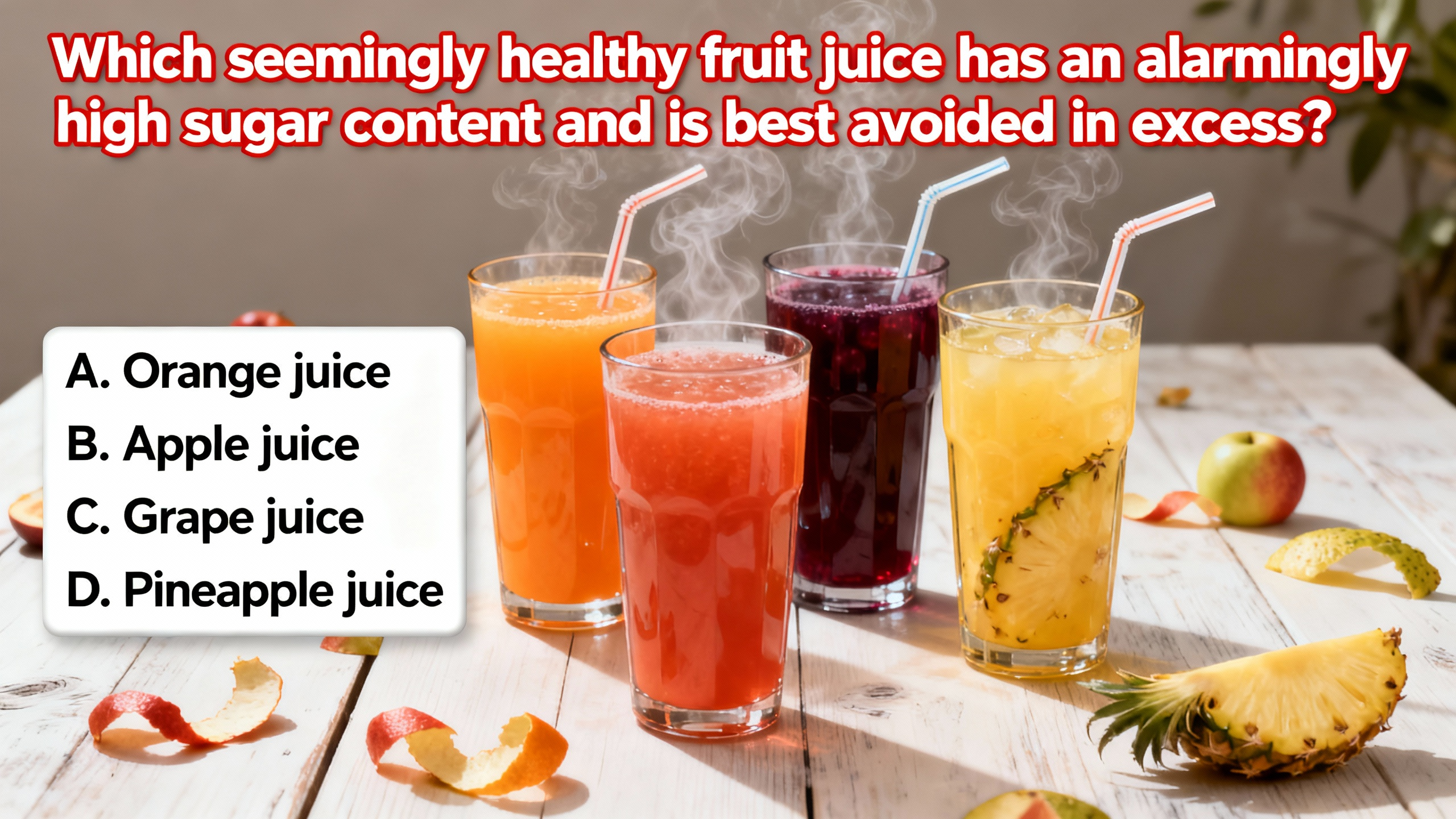 Which seemingly healthy fruit juice has an alarmingly high sugar content and is best avoided in excess? - Preview image