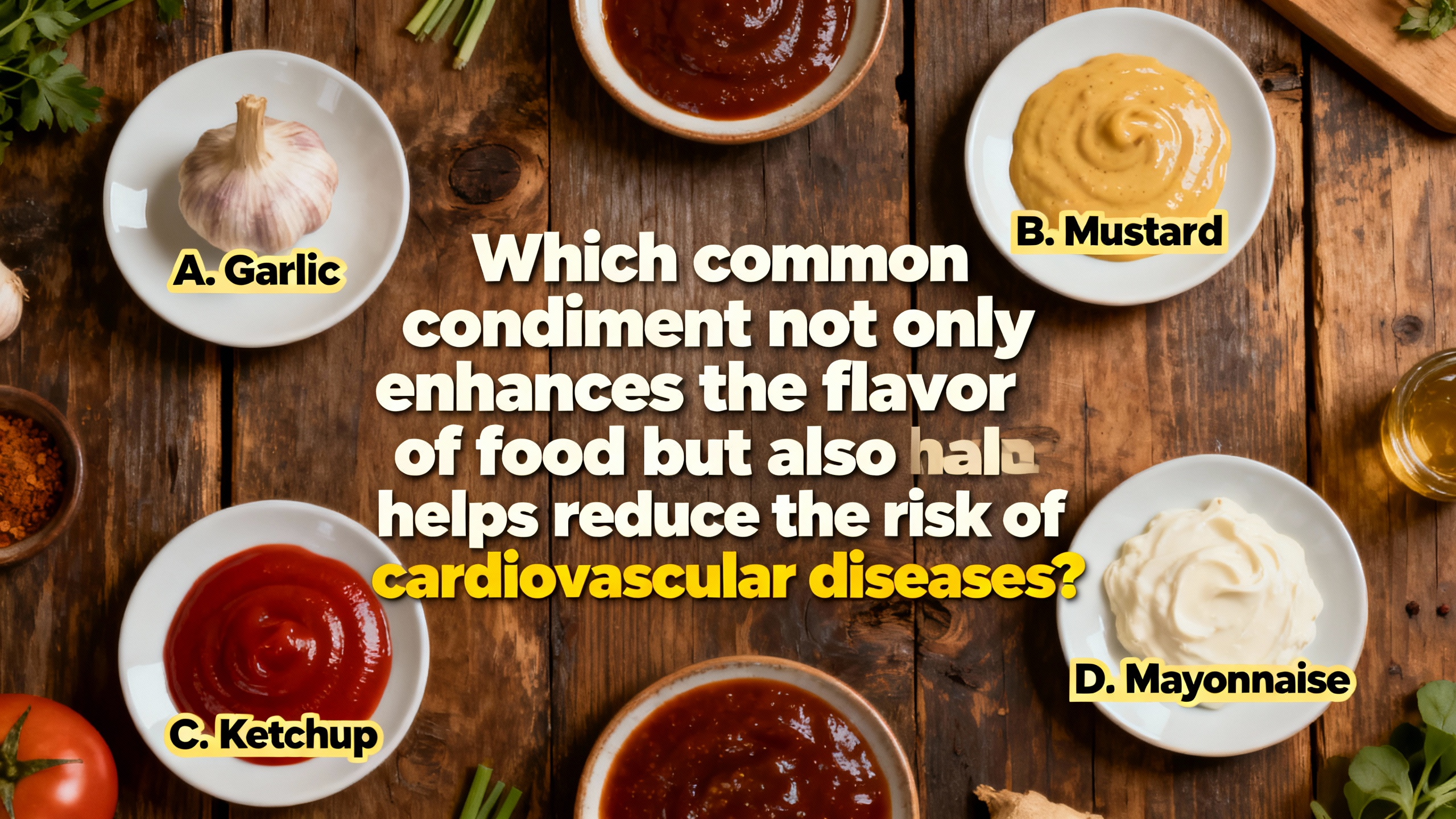 Which common condiment not only enhances the flavor of food but also helps reduce the risk of cardiovascular diseases? - Preview image