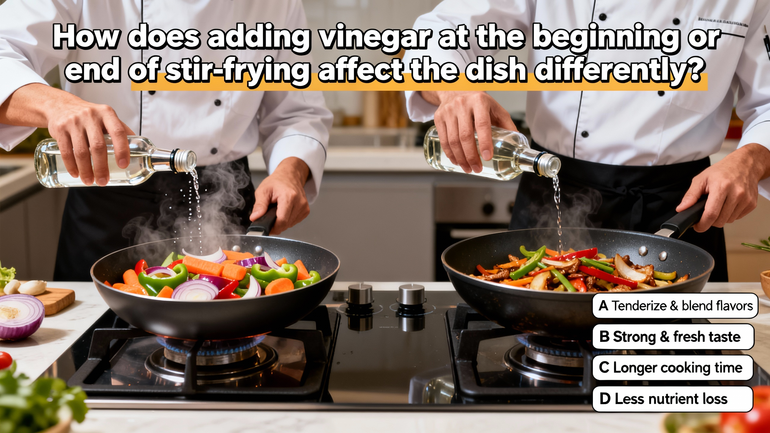 What different effects does adding vinegar first versus later when stir-frying have on the dish? - Preview image