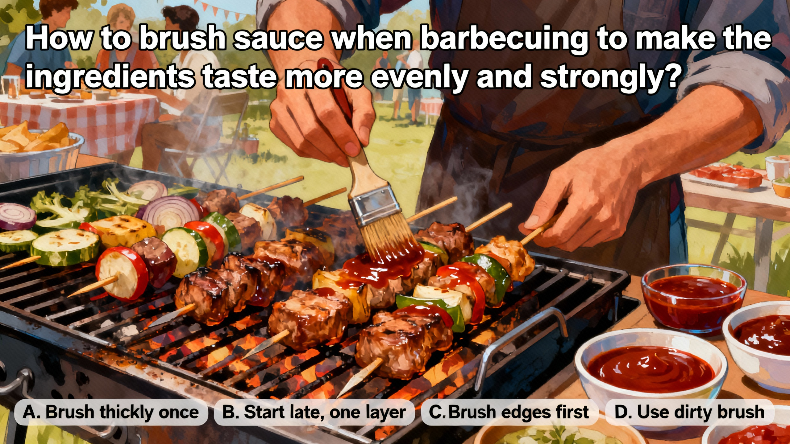 When barbecuing, how can you brush the sauce to make the ingredients taste more even and rich? - Preview image